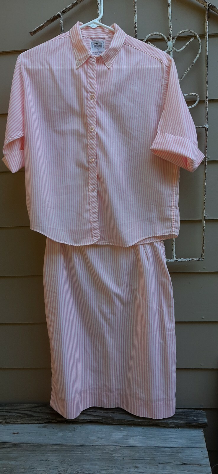 Vintage 60s Womens Blouse & Skirt Pink&white Stripe set 15/16 by Country Corner
