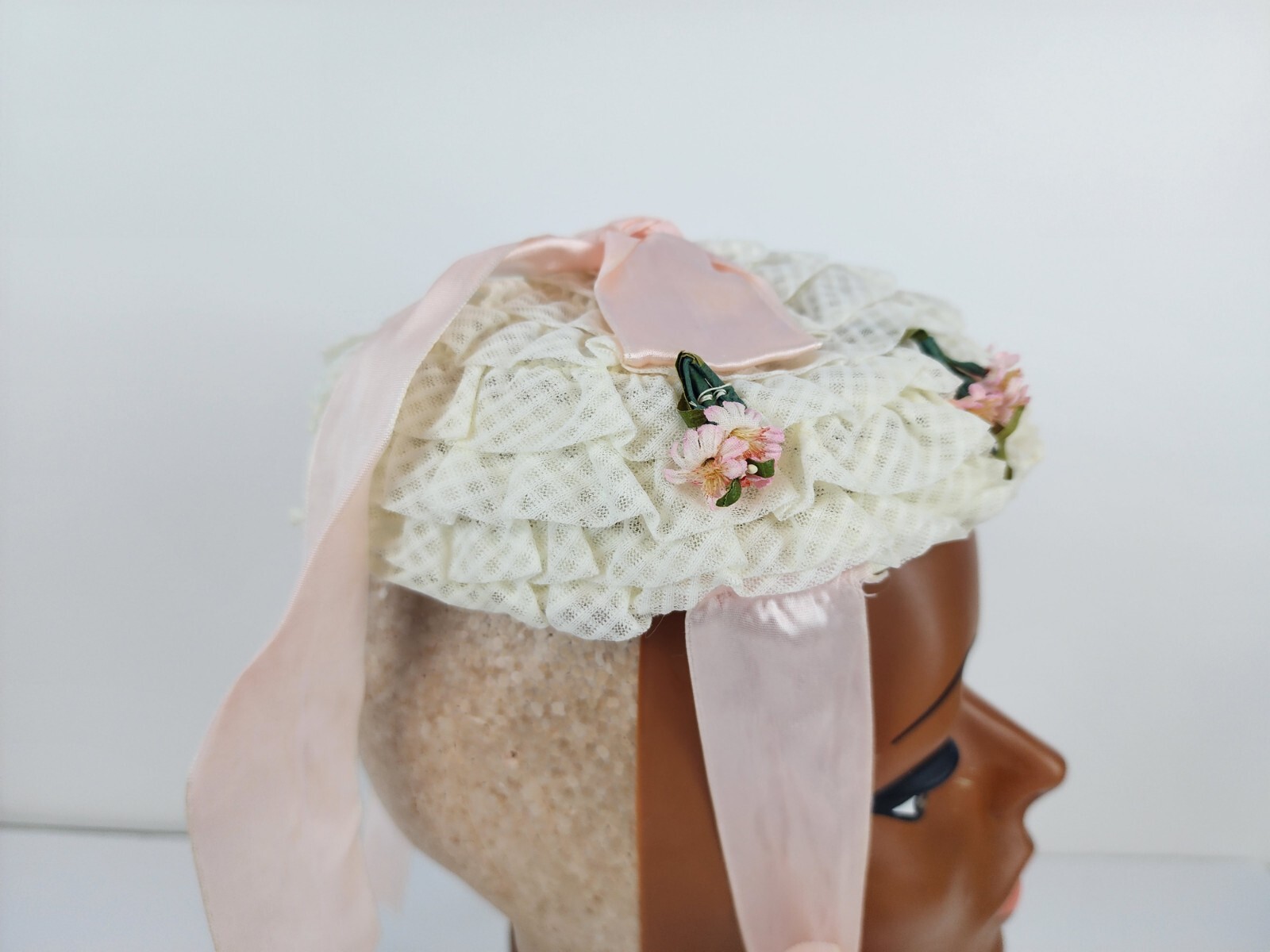 Antique Vintage Pillbox Hat White And Pink Floral With Lace With Ribbon