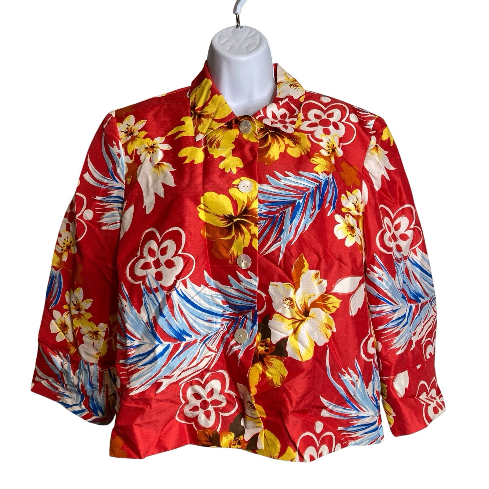 VTG 90s Harvé Benard Red 100% Silk Floral Cropped Jacket Sz 12 Bold Statement