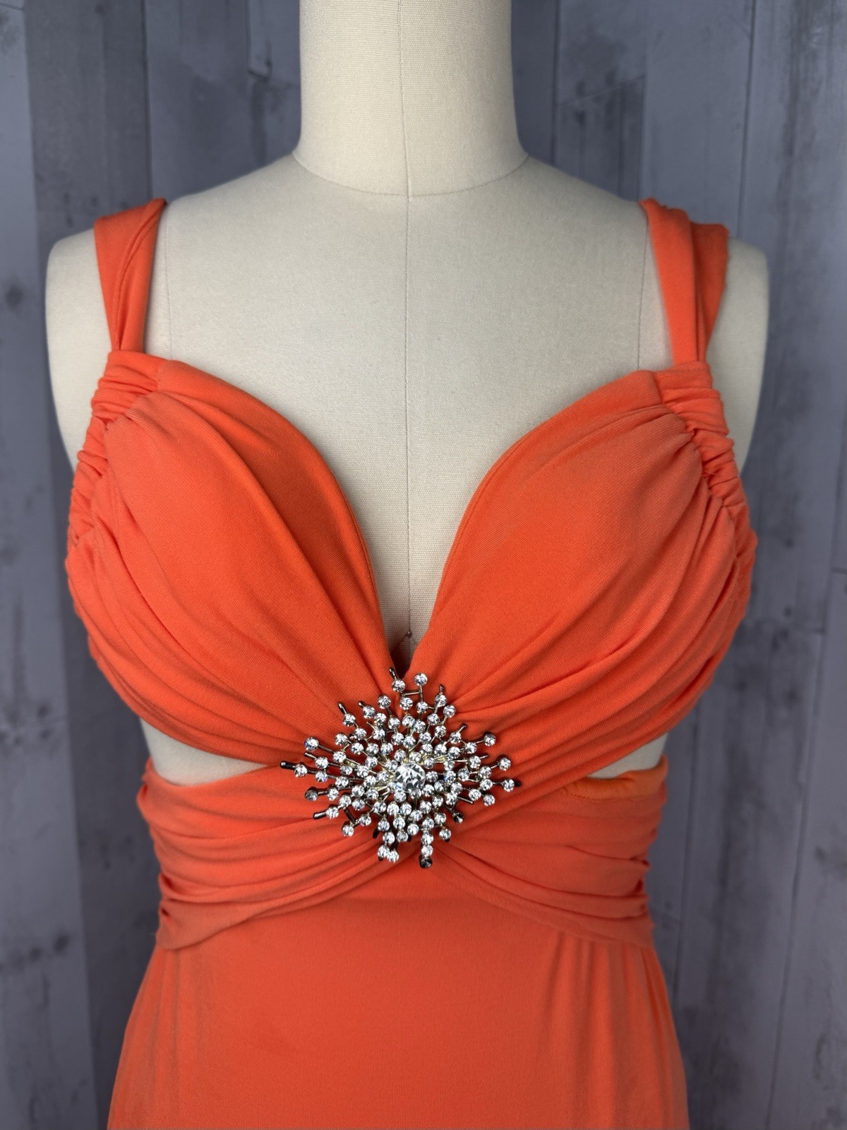 Vintage 1970s Jeweled Disco Cocktail Gown Cache Tangerine Poly Spandex Knit XS