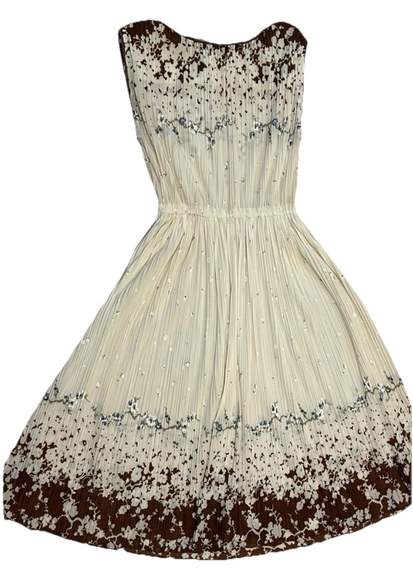 Vintage Hal Ferman Elegant Cream Brown Floral Dress Union Made SZ 8 Fits a Small