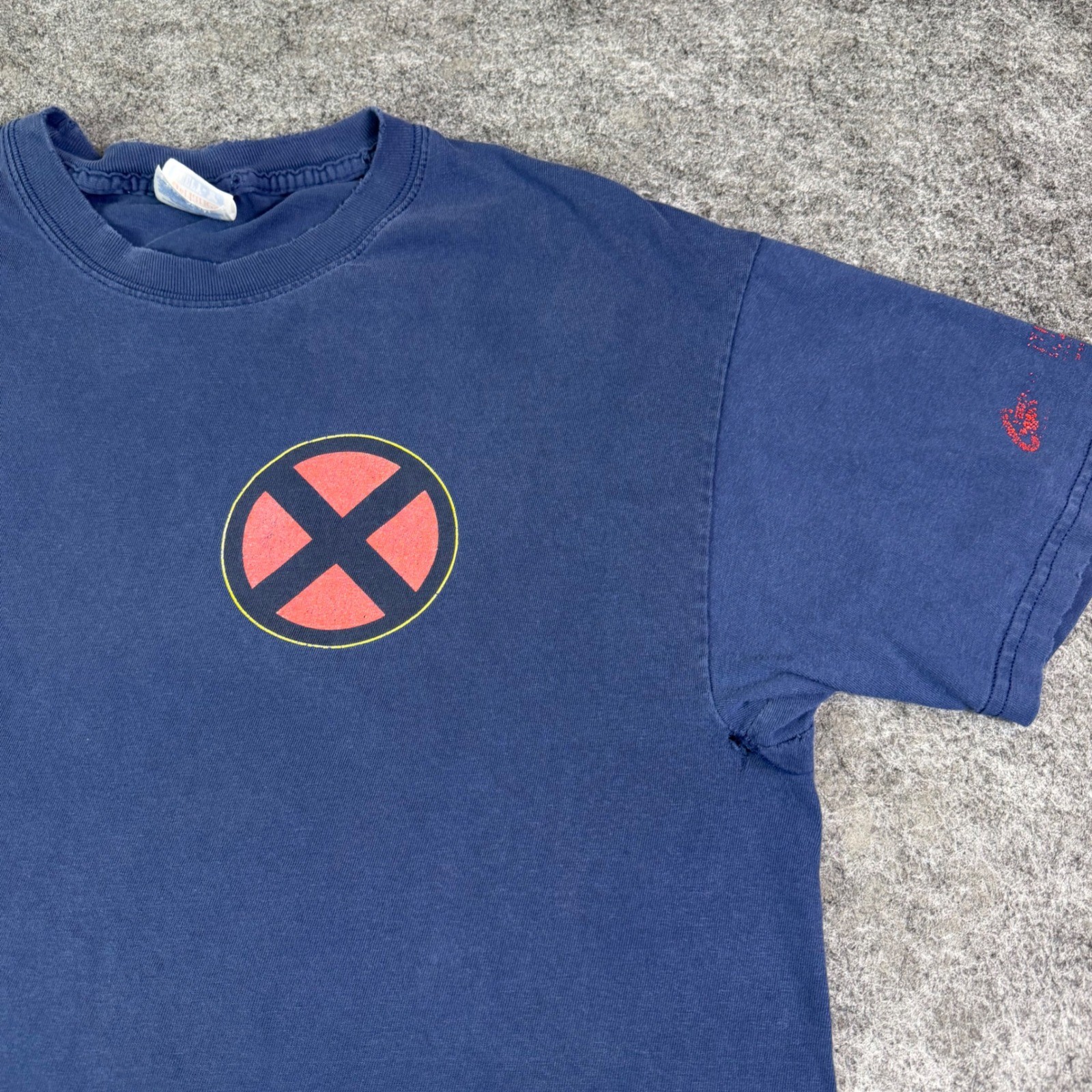 Vintage Marvel X-Men T Shirt Hanes Beefy Navy Blue Distressed Logo Mens Large