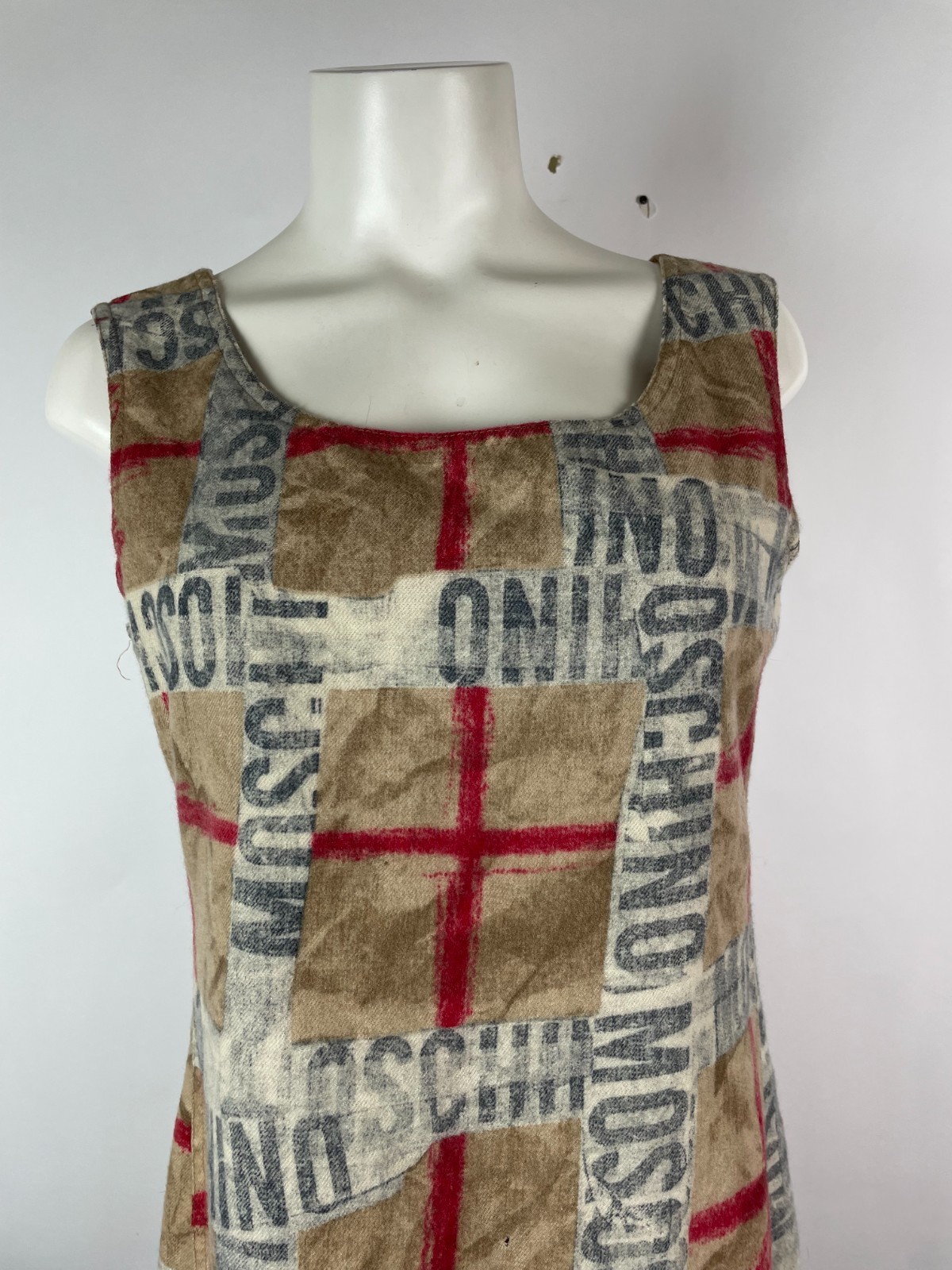 Vintage 90s MOSCHINO Plaid logo lettering mini dress wool 44 Italy DAMAGE