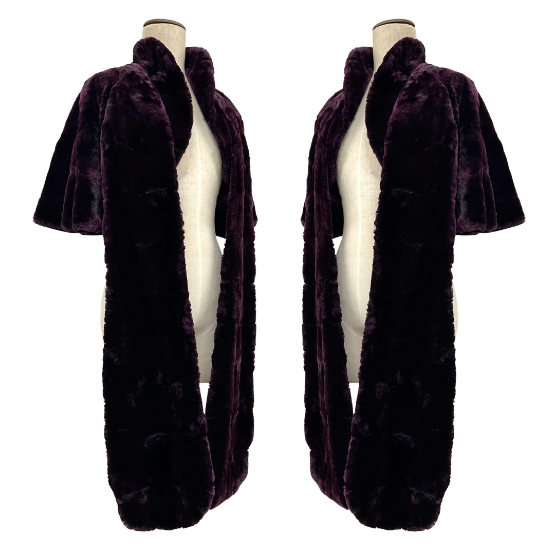 Vintage 1940s Deep Plum Purple Sheared Beaver Fur Capelet w Stole Panels
