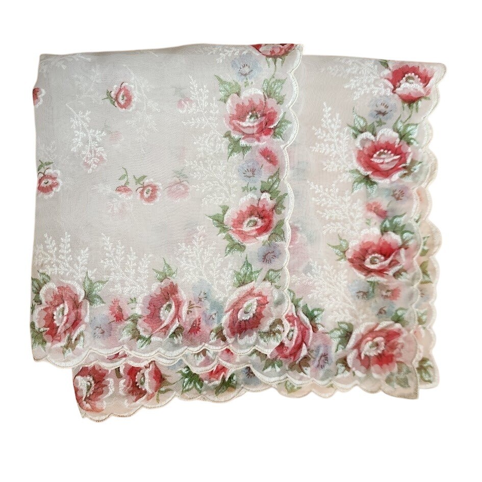 Vintage Floral Sheer Handkerchief Cottagecore Rose Print Scarf Hanky Square 13in
