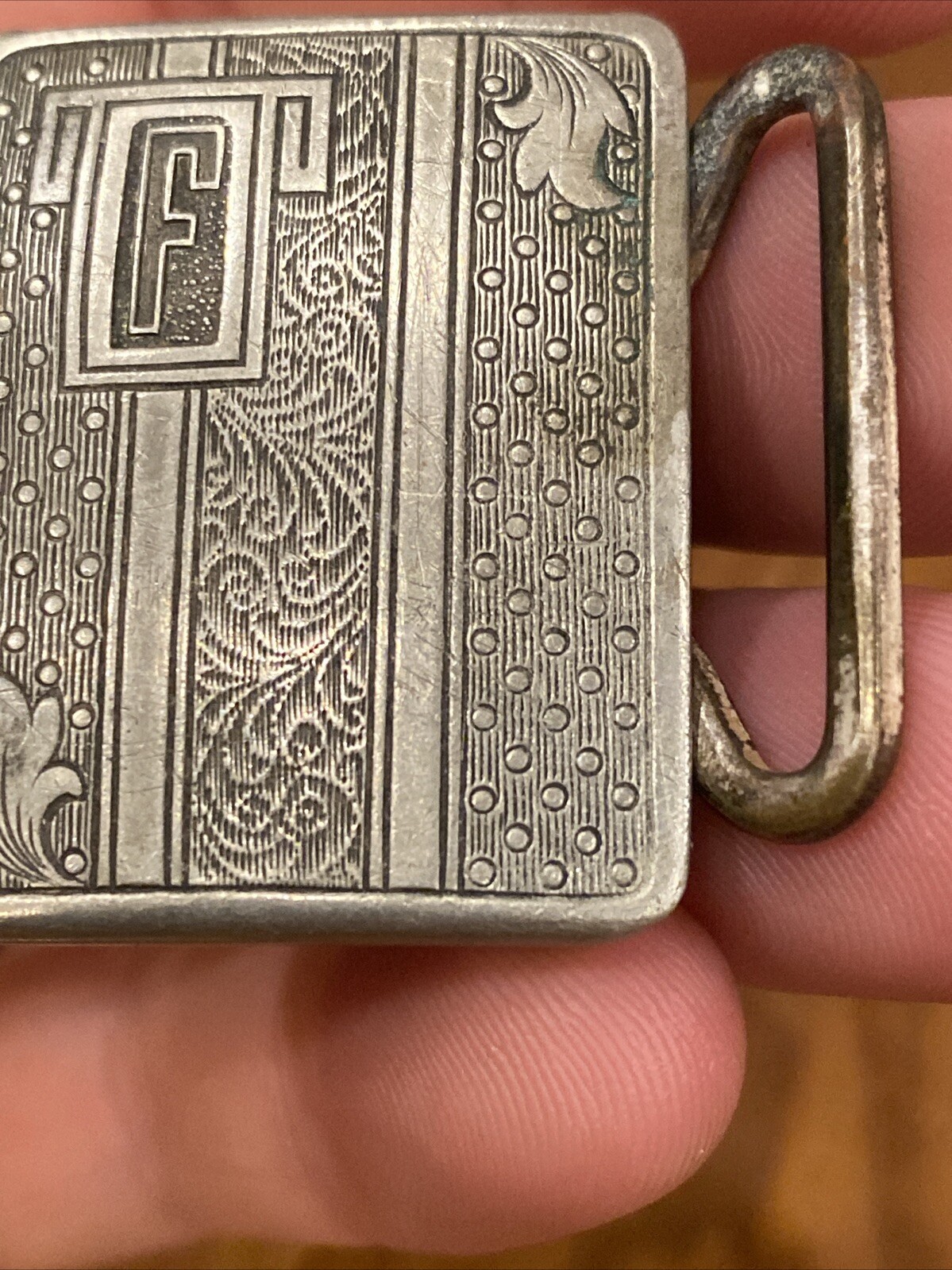 Antique SILVER PLATED PATD BELT BUCKLE LEAF MOTIF Fine Details Art Deco Mono F
