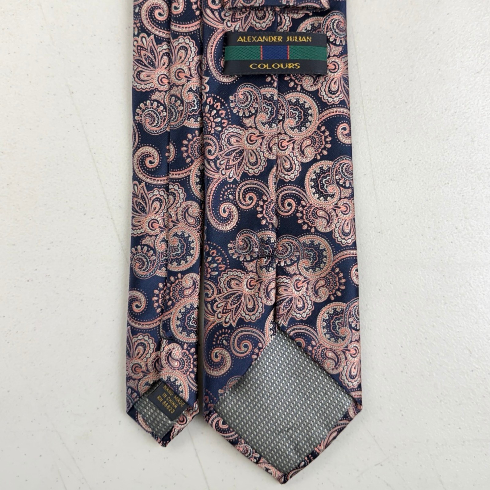 Vintage Paisley Jacquard Tie Alexander Julian Dark Blue Metallic Pink Necktie
