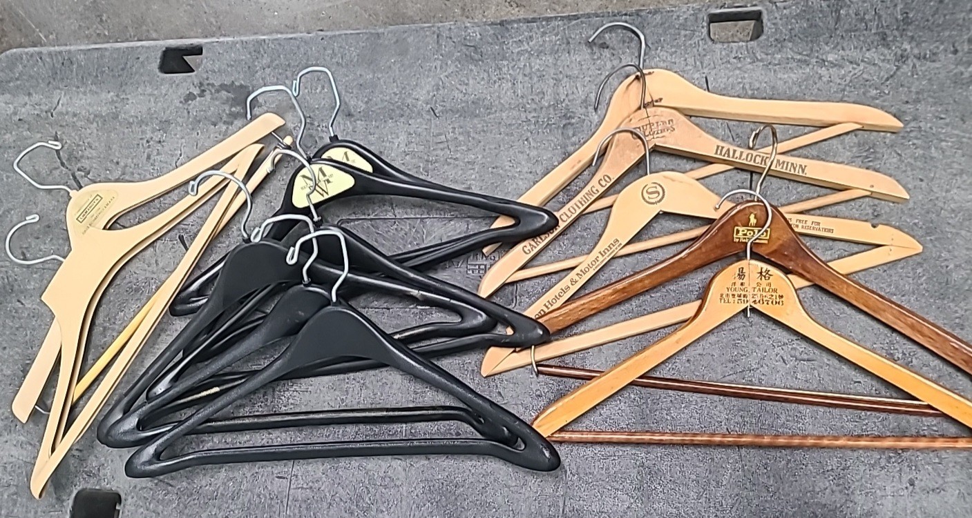 Vtg Lot 13 Advertising Wooden & Plastic Suit Coat Hangers Lot 5 Wood 8 Plastic
