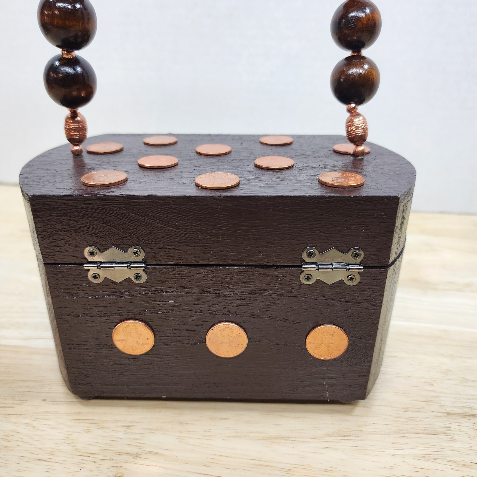Handmade Wooden Purse Box Copper Penny Decor Beaded Handle Rustic Storage Chest