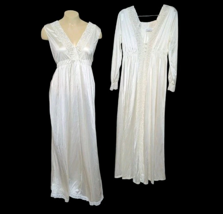 Vintage Miss Elaine 2 PC Maxi Nightgown & Robe Set Nylon Cotton Lace Trim Ivory