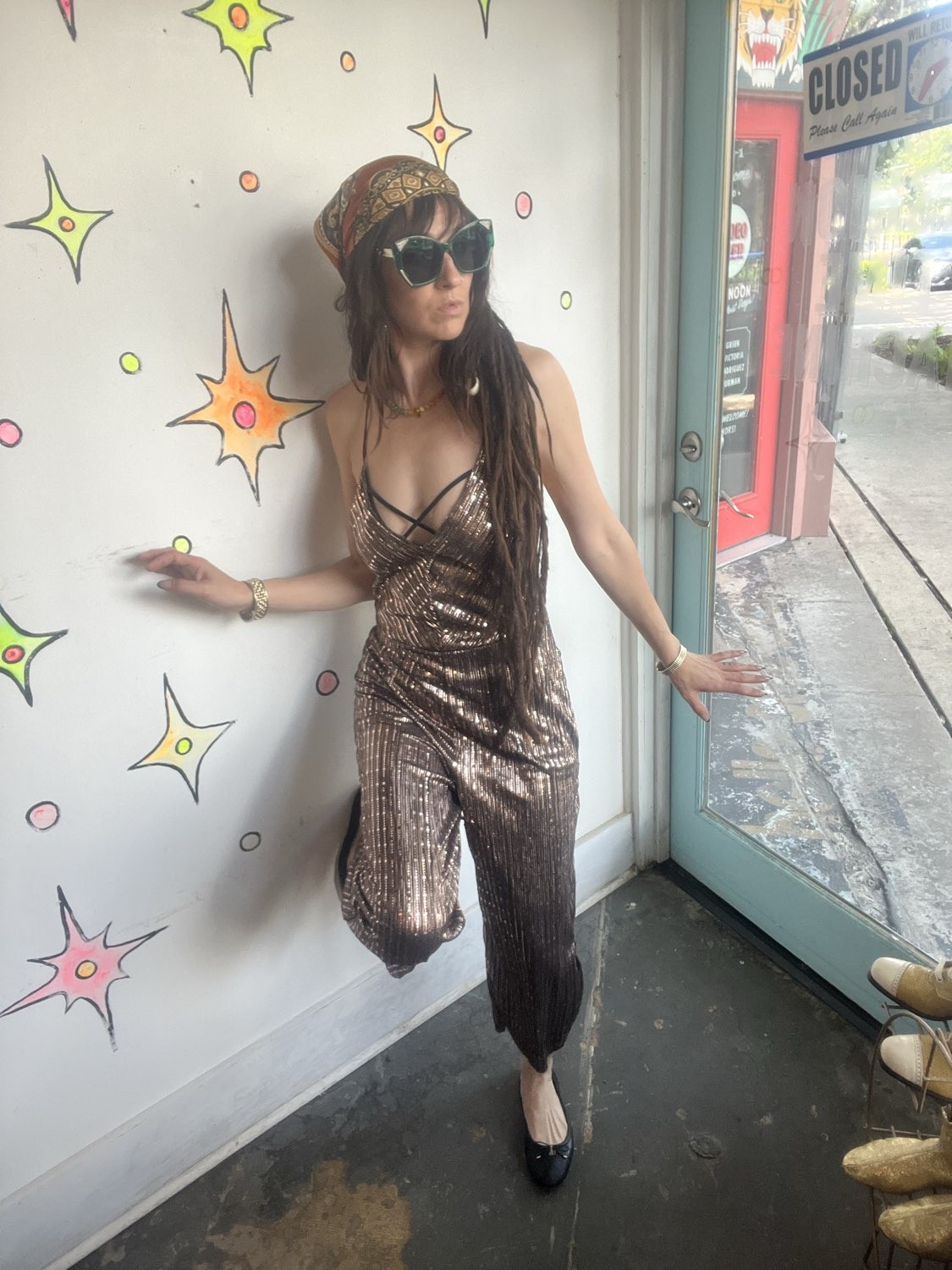 Metallic Gold Y2K Does 70s Disco Wide Leg Party Jumpsuit Retro Clubwear S/M