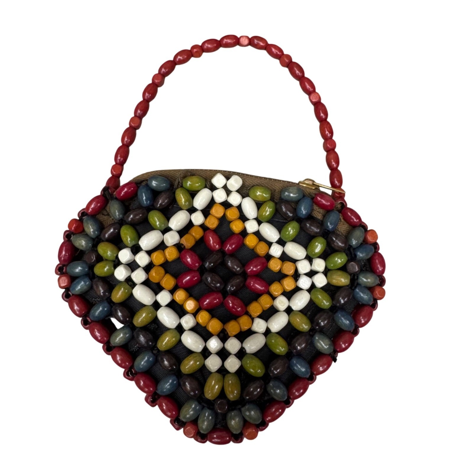 Wood Bead Hand Held Bag Coin Purse Suzanne Brand Made in Czechoslovakia Boho MCM