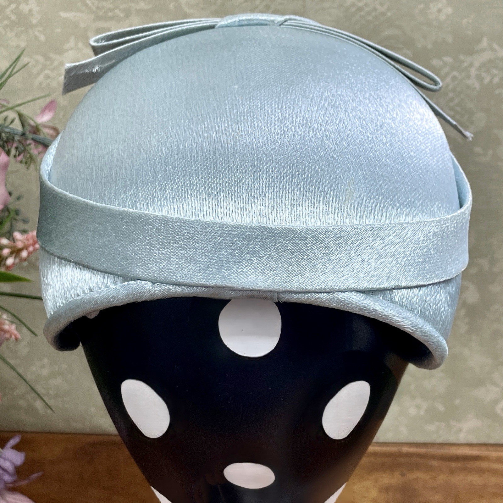 Vintage 1950s Betmar Blue Satin Half Hat Church Cocktail Wedding Calot Cap OS