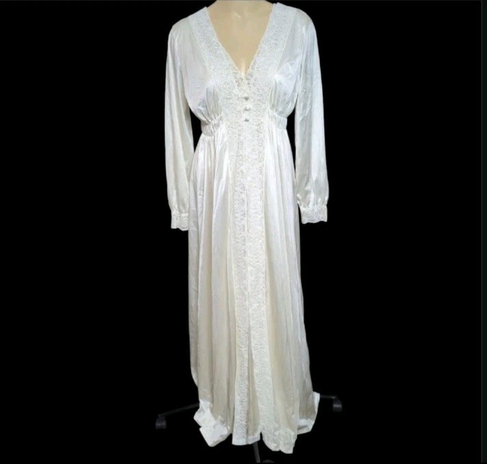 Vintage Miss Elaine 2 PC Maxi Nightgown & Robe Set Nylon Cotton Lace Trim Ivory