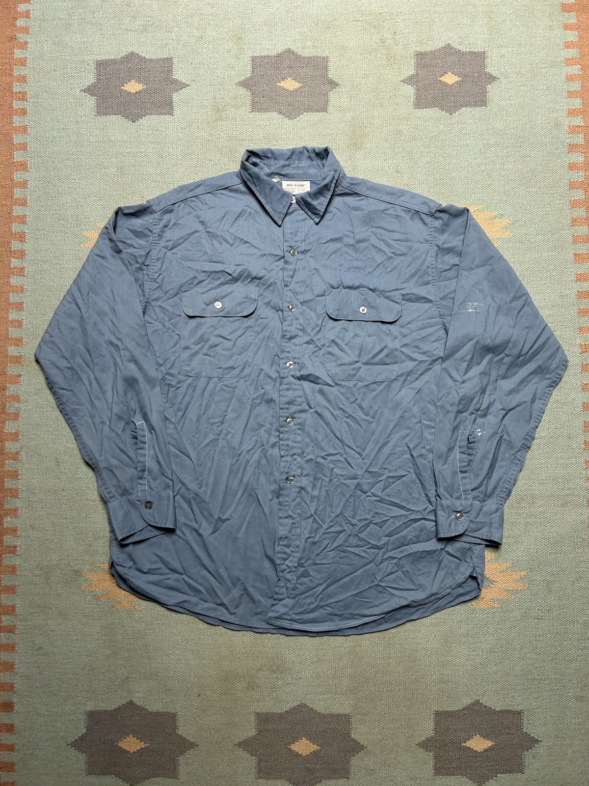 Vintage 1960s long sleeve button shirt Big Yank rayon blend blue work shirt XL
