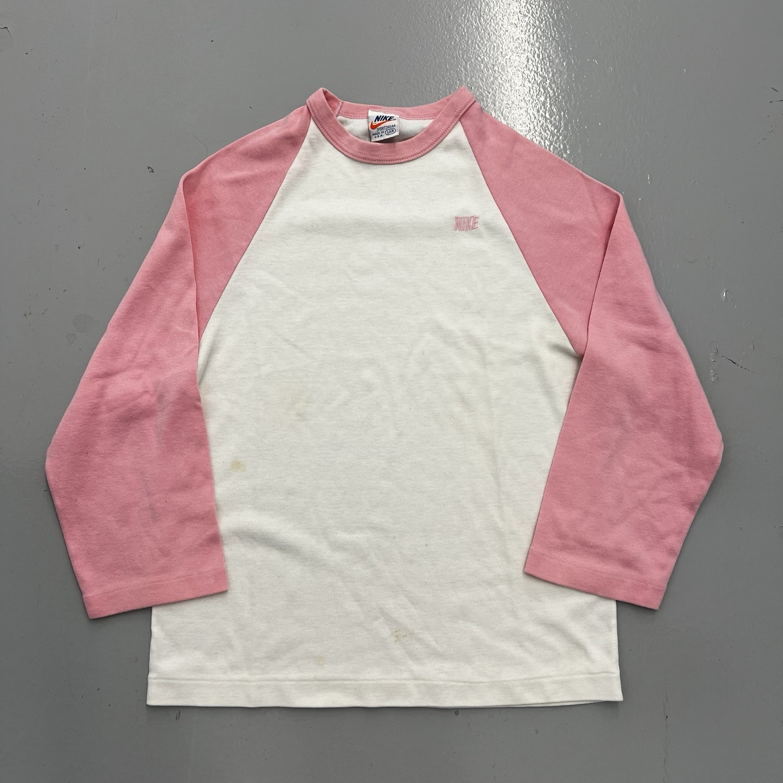 Vintage 70s Nike Tee Shirt Raglan 3/4 Sleeve Baseball USA Womens Size Large Pink