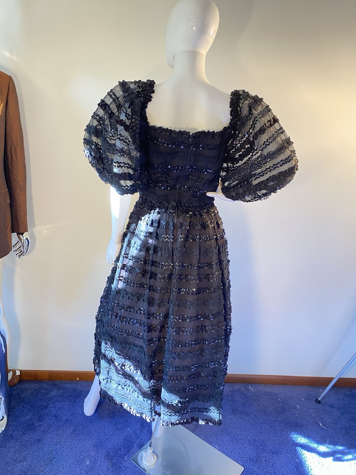 Vintage Lillie Rubin 1970’s Fit And Flair Sequin And Sheer Overlay Gown, Ex Con