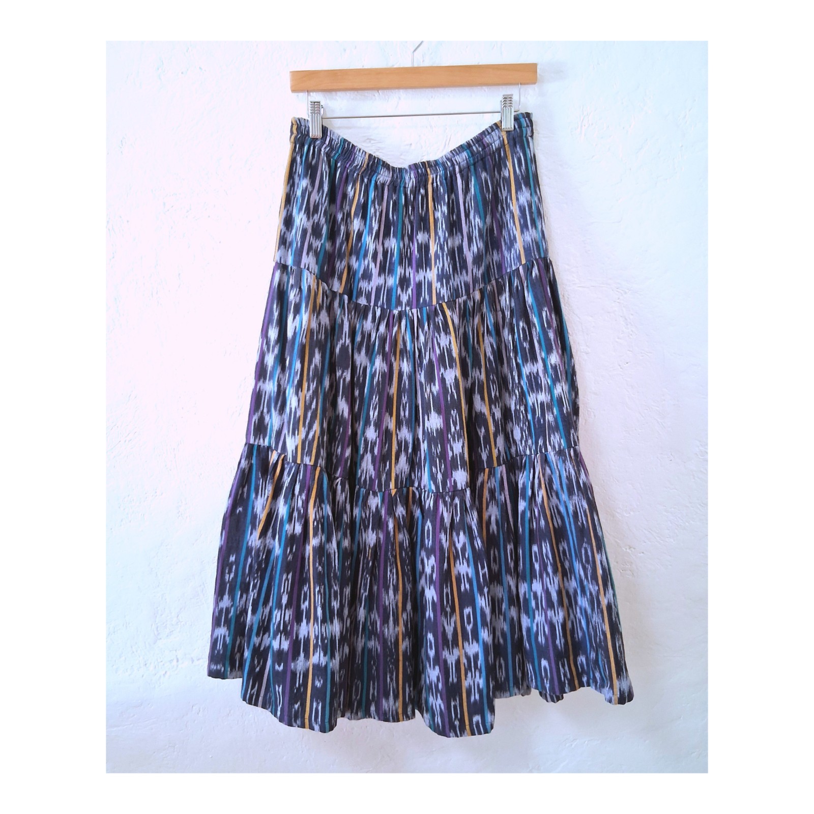 Vintage Guatemalan Ikat Skirt Tiered Handwoven Jaspe Boho Maxi Midi Purple M L