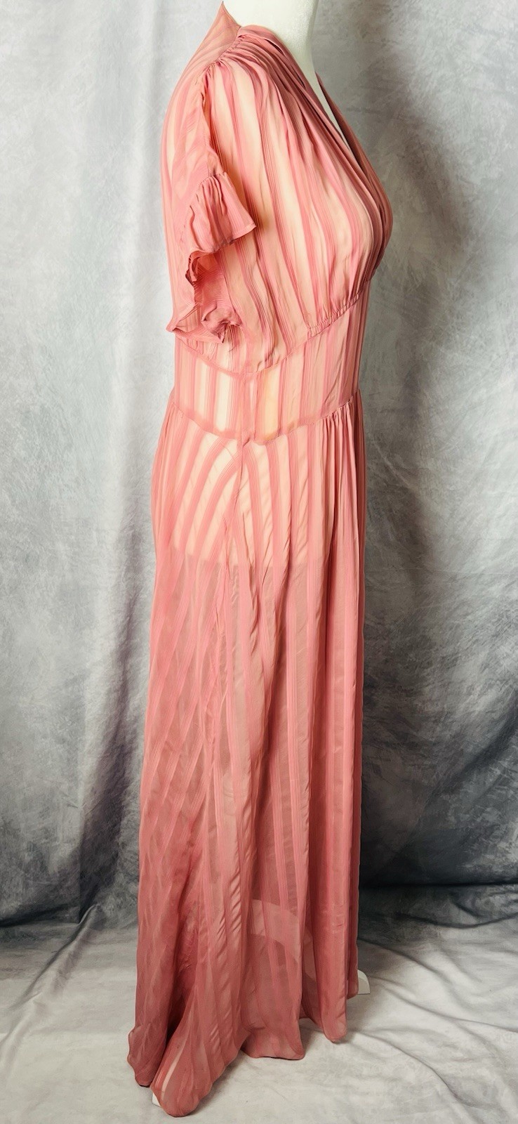 Vintage 1930s Mauve Pink Sheer Striped Dress Overlay Flutter Sleeves Size M/L