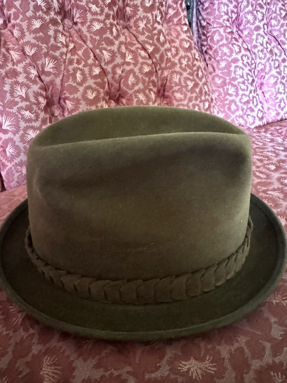 Vintage Borsalino Fedora Hat Olive Green Fur Felt Sz 7.5 Maybrooks Italy