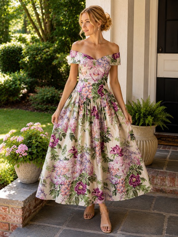 Vintage 1993 I. Magnin Floral Off Shoulder Bow Formal Dress NWT Size 10