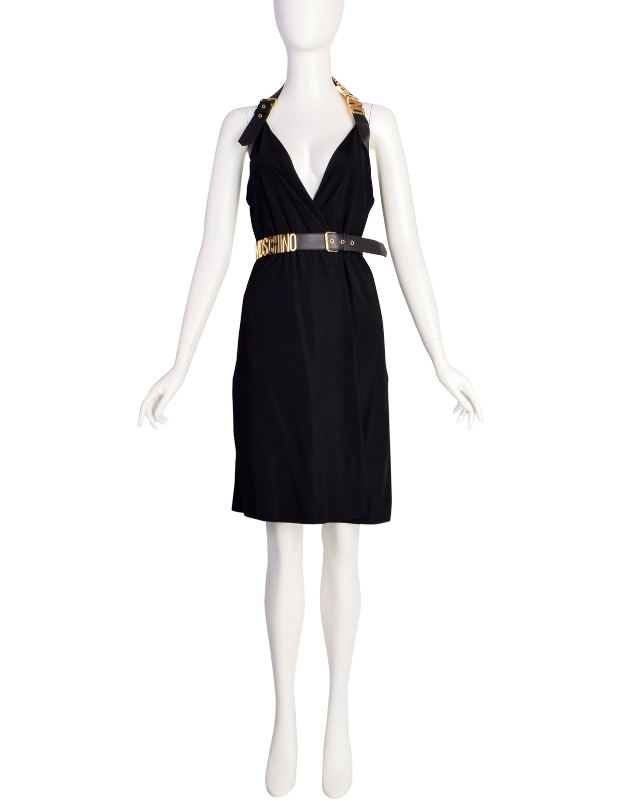 Moschino Couture! Vintage Black and Gold Namesake Letters Surplice Halter Dress
