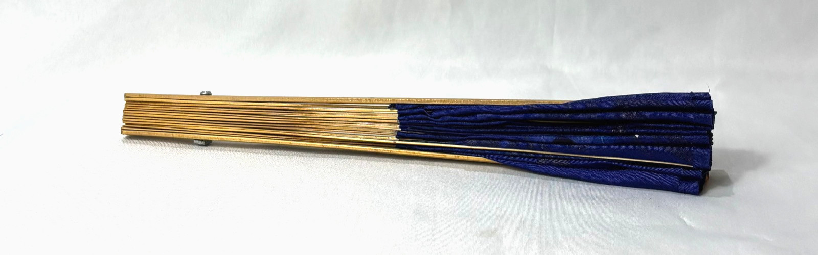 Blue Synthetic Folding Fan Hand Painted Gold Leaves & Bird Bamboo Thailand