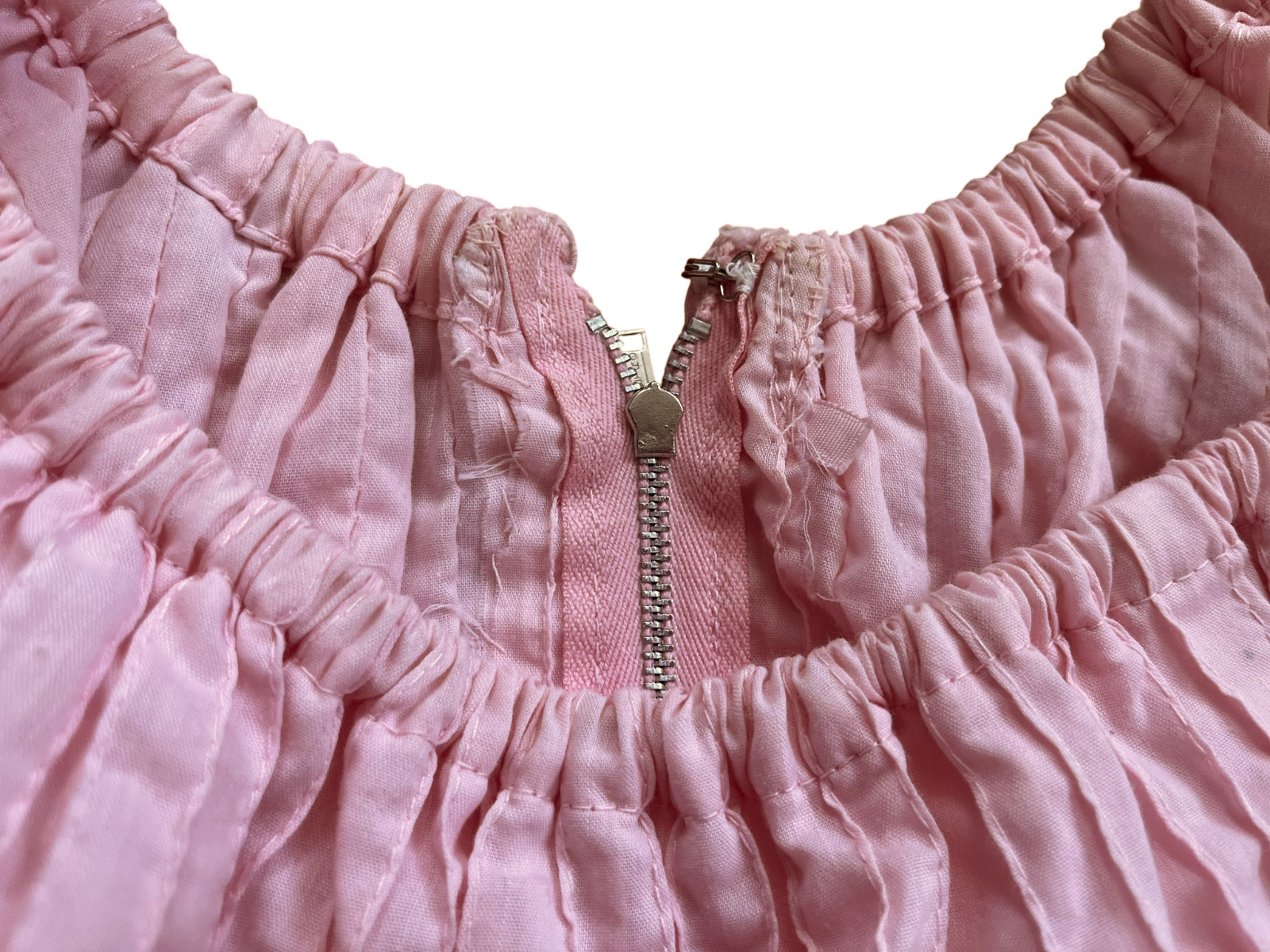 VTG 1970’s baby pink shoulder Mexican dress lace, ribbon pin tuck coquette XS/S