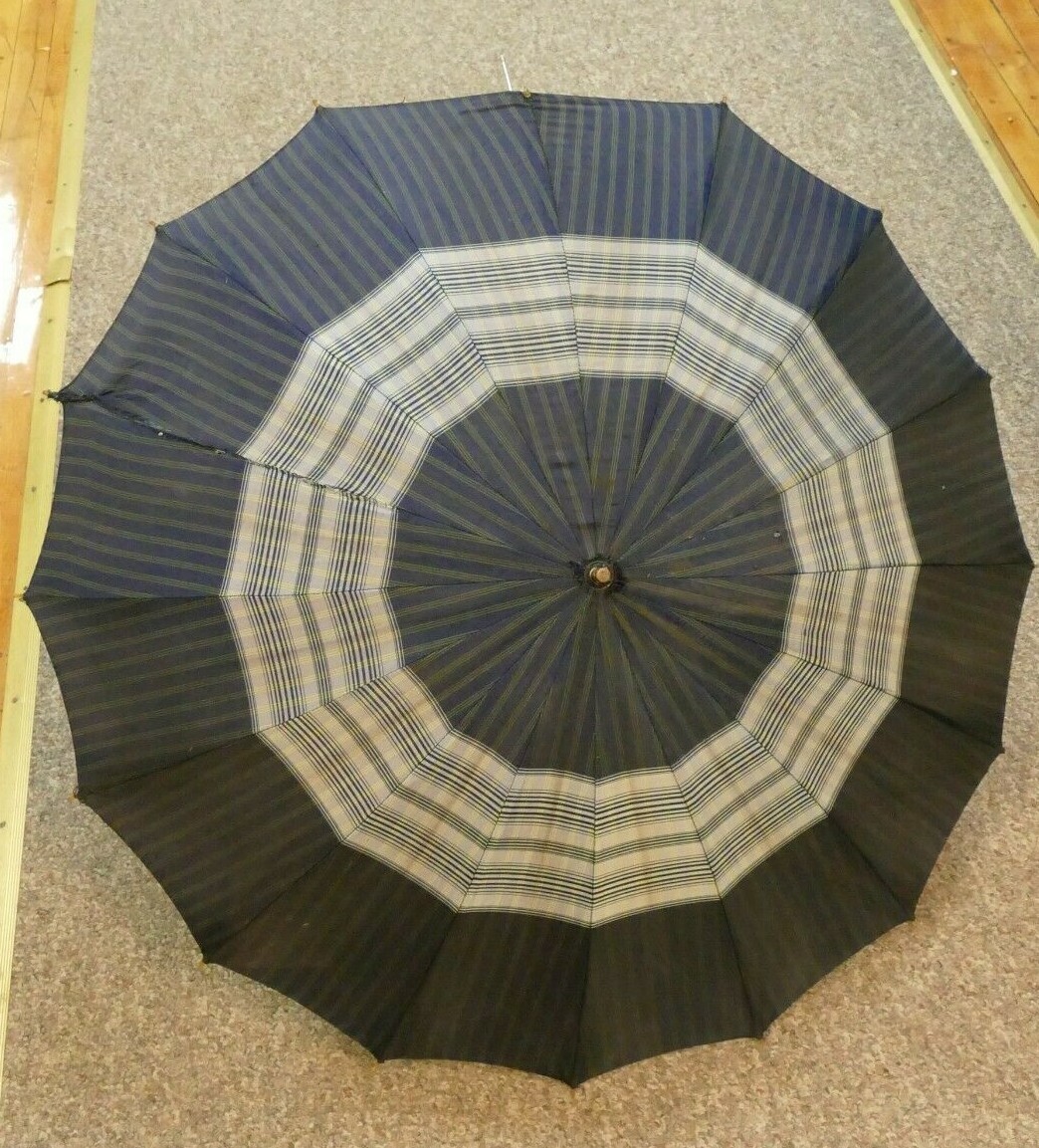 Vintage Blue Stripes Umbrella w/ Clear Plastic/Bakelite Handle and Wooden Shaft