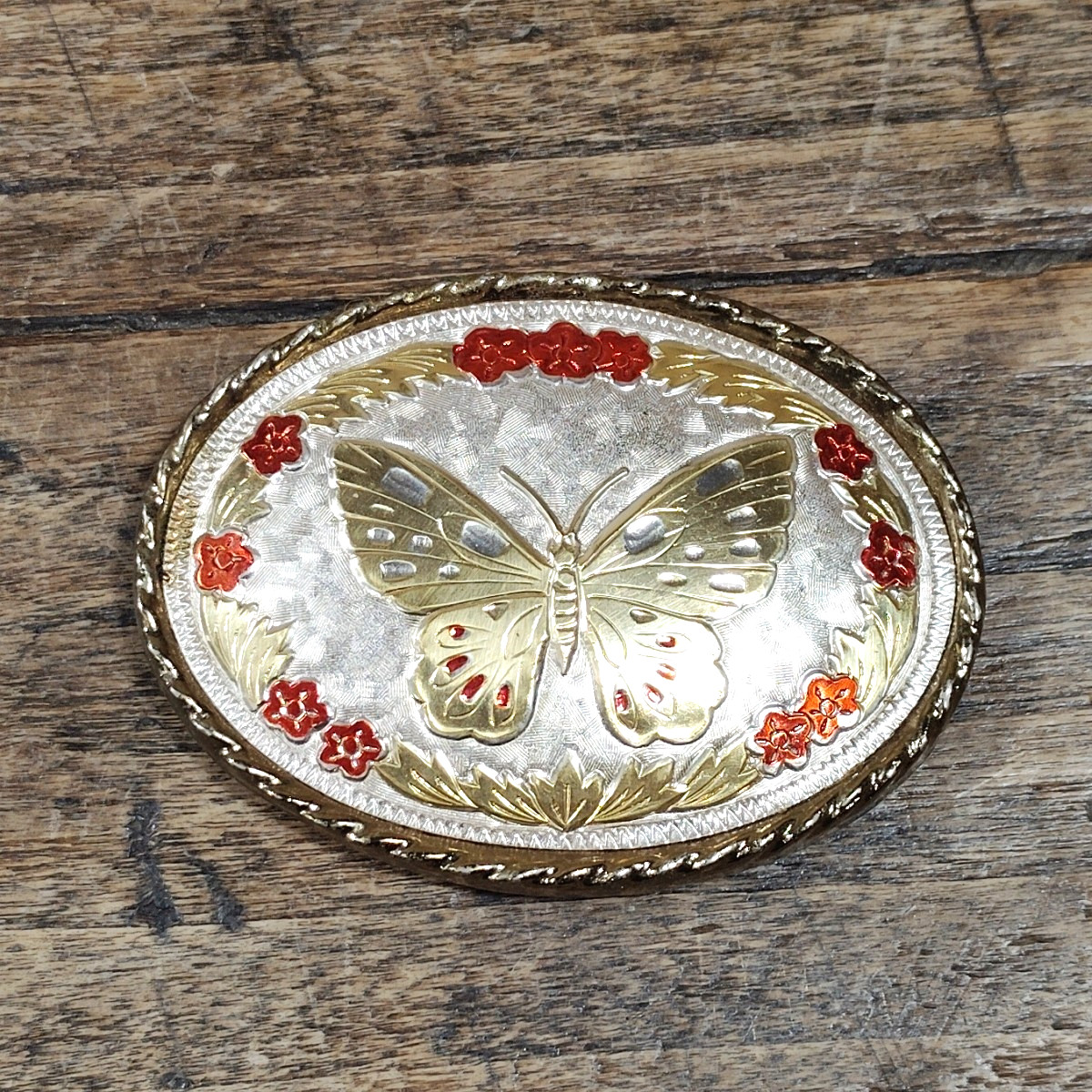 Butterfly Flower Belt Buckle Gold Tone USA Festival Rodeo Boho Hippie