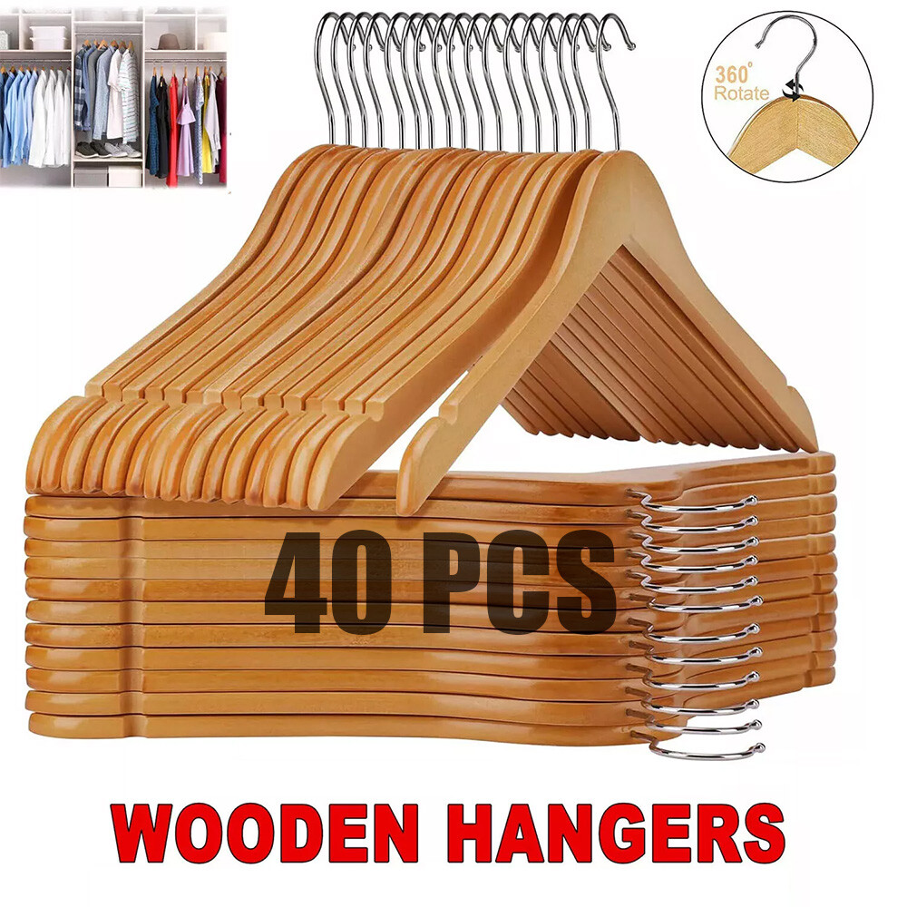 40 Pack Wooden Hangers Suit Hangers Premium Natural Finish Cloth Coat Hangers US