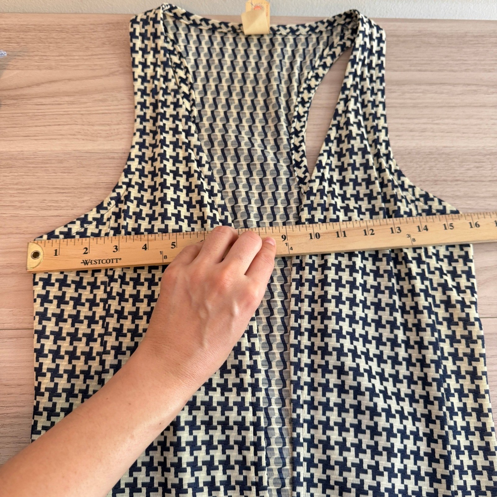 Vintage 70s ILGWU Houndstooth Longline Open Front Vest Navy Cream Size 6