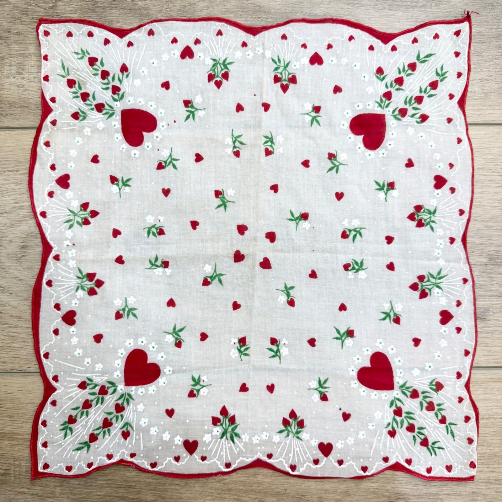 Vintage Handkerchief Red Hearts White Floral Scalloped 13in Valentines Soft Girl
