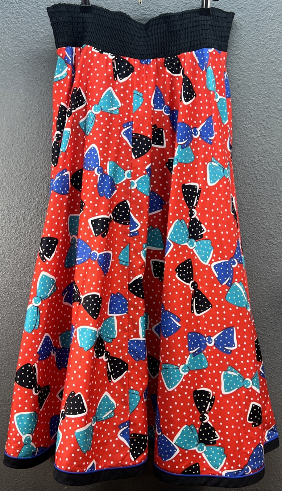 Vintage Jeanne Marc Red Bow Full Skirt Cinched Waist Sz L/XL Flowing Cotton Poly