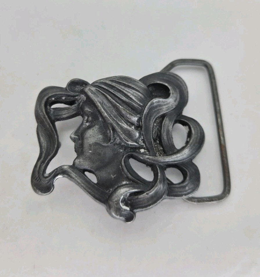 70s Art Nouveau Woman Belt Buckle Goddess Hippie Hair Floral Vintage Silver