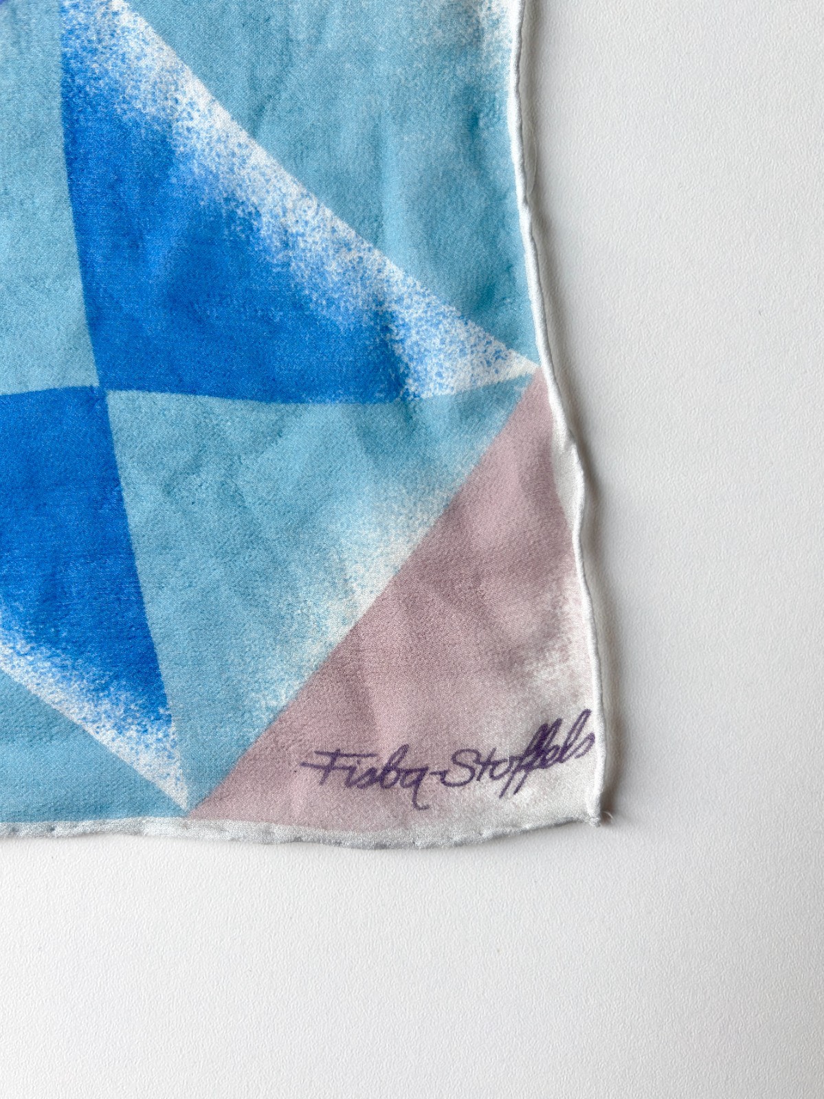 Fisba Stoffels Silk Scarf Blue Geometric Abstract Print Vintage Hand Rolled, 40