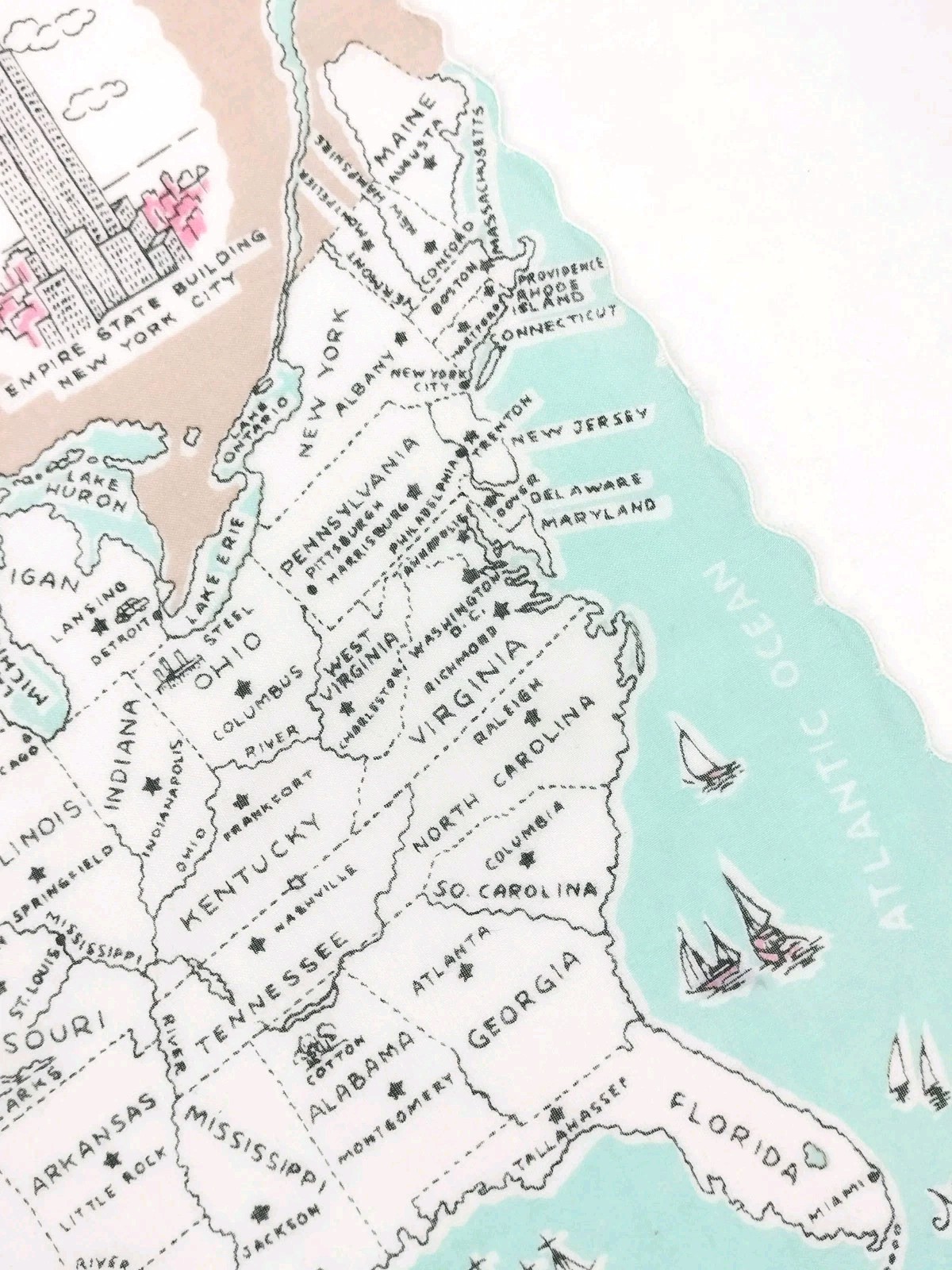 Vtg 50s Franshaw United States Map 48 States Hankie Travel Souvenir Blue Pink