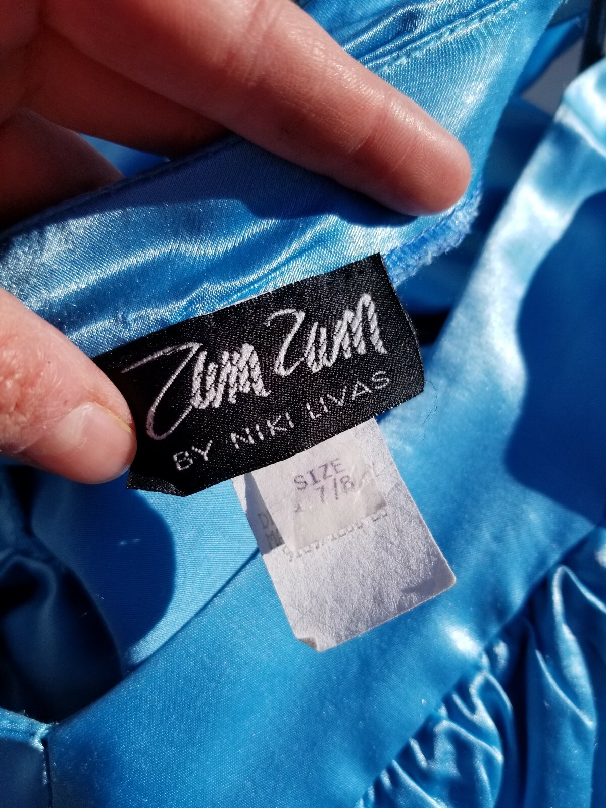 Vtg 90s Zum Zum Niki Livas Blue Satin Bias Cocktail Gown Ruched Back prom dress