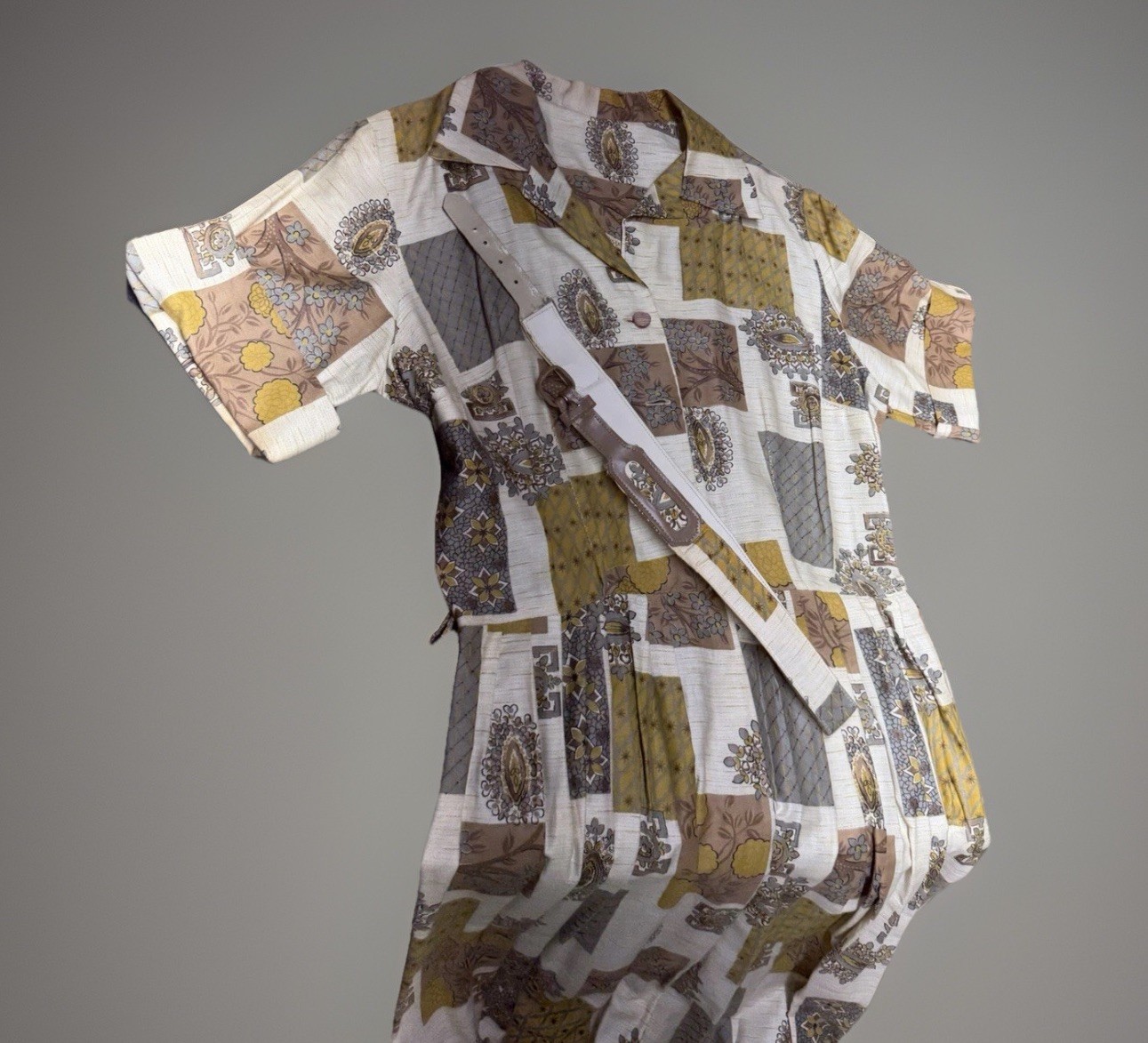 Vtg 60s Patchwork Shirtwaist Dress W/ Belt Mod Pleated Handmade M/L NOS