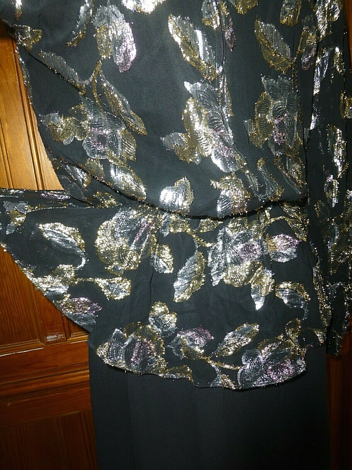 Vtg 80s METALLIC Lurex Lame Burnout Chiffon Balloon Slv Peplum Evening DRESS L