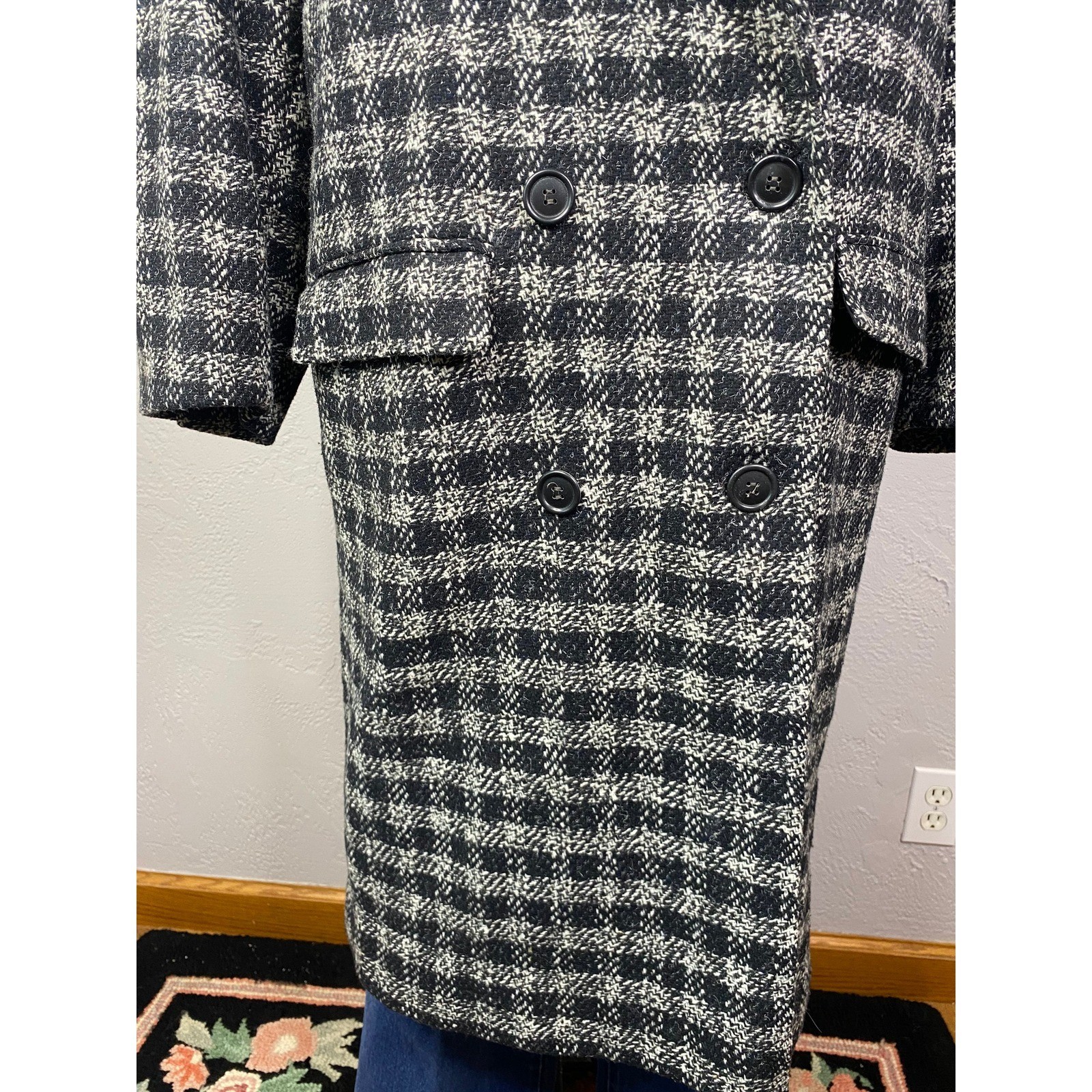Vintage Houndstooth Double Breasted Wool Blend Trench Coat, Size 9/10