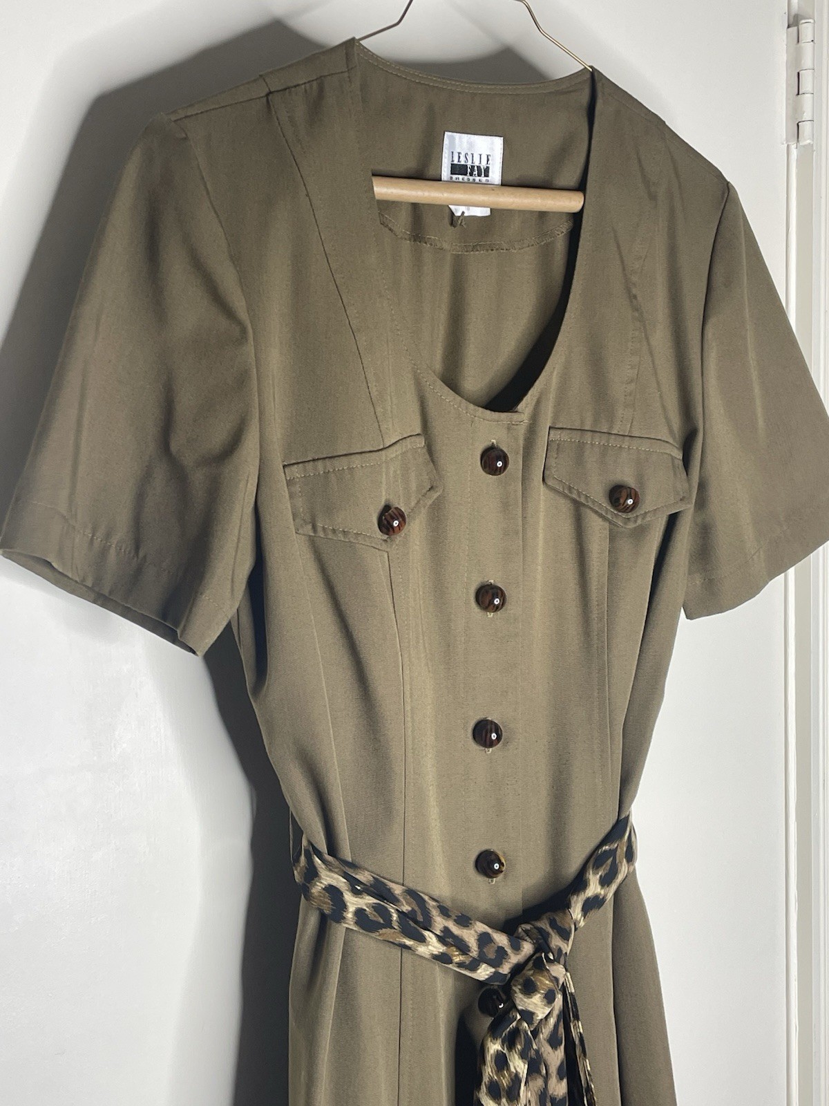 Vintage Leslie Fay Size 10 Olive S/S Safari Secretary Maxi Midi Shirt Dress USA
