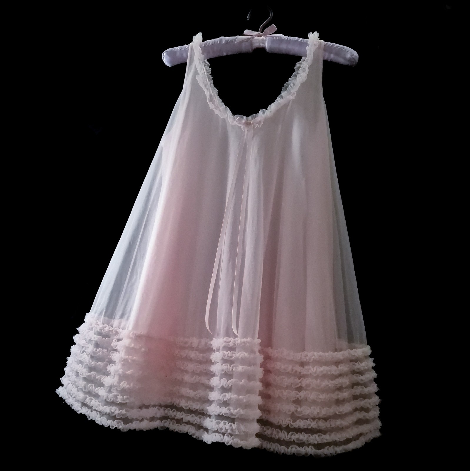 60s Vintage ENGLAND Sheer CHIFFON Pink NYLON Babydoll Dress POOFY Bows Lace M/L