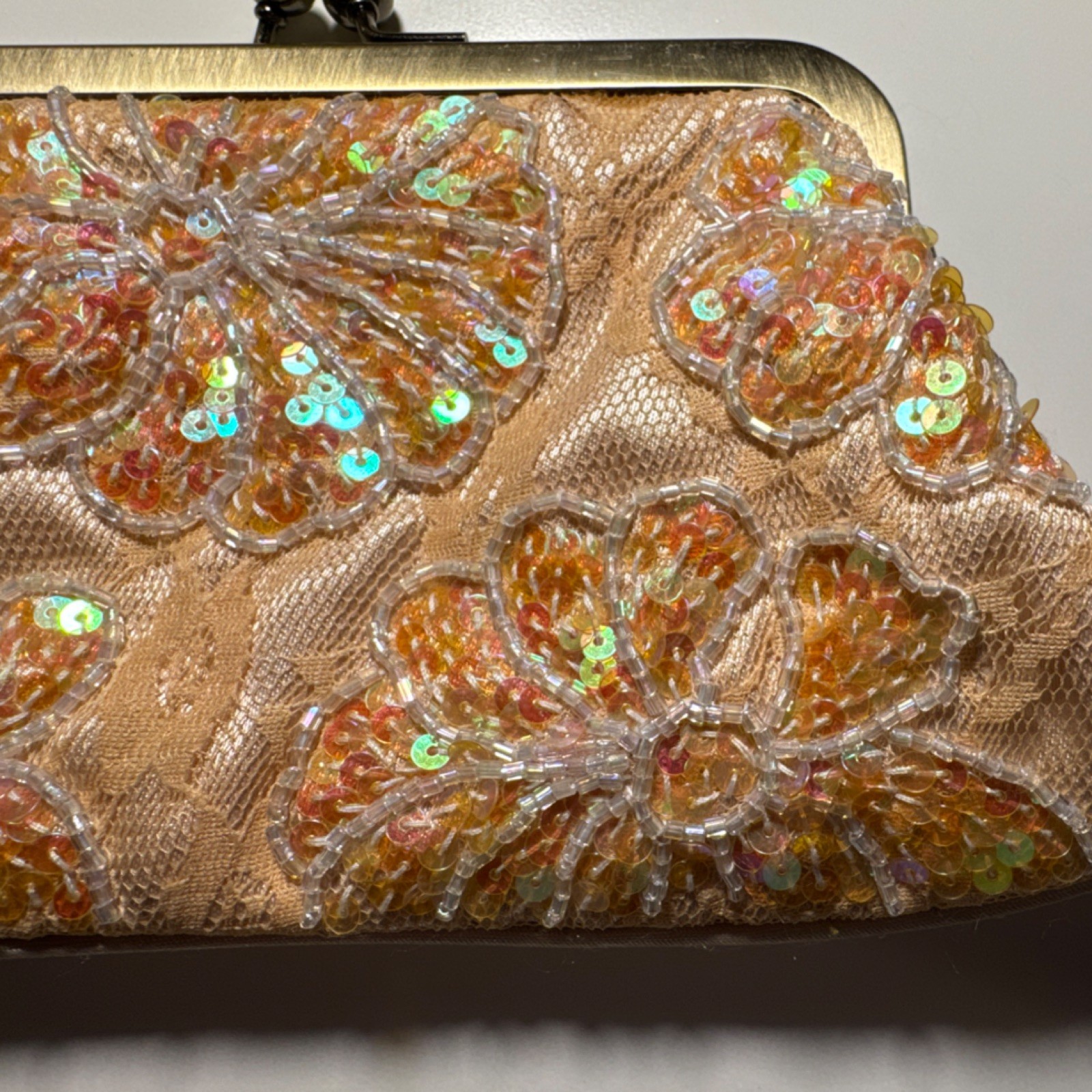 Beaded Satin & Lace Clutch Evening Bag Peach & Gold for Formal Special Occasion