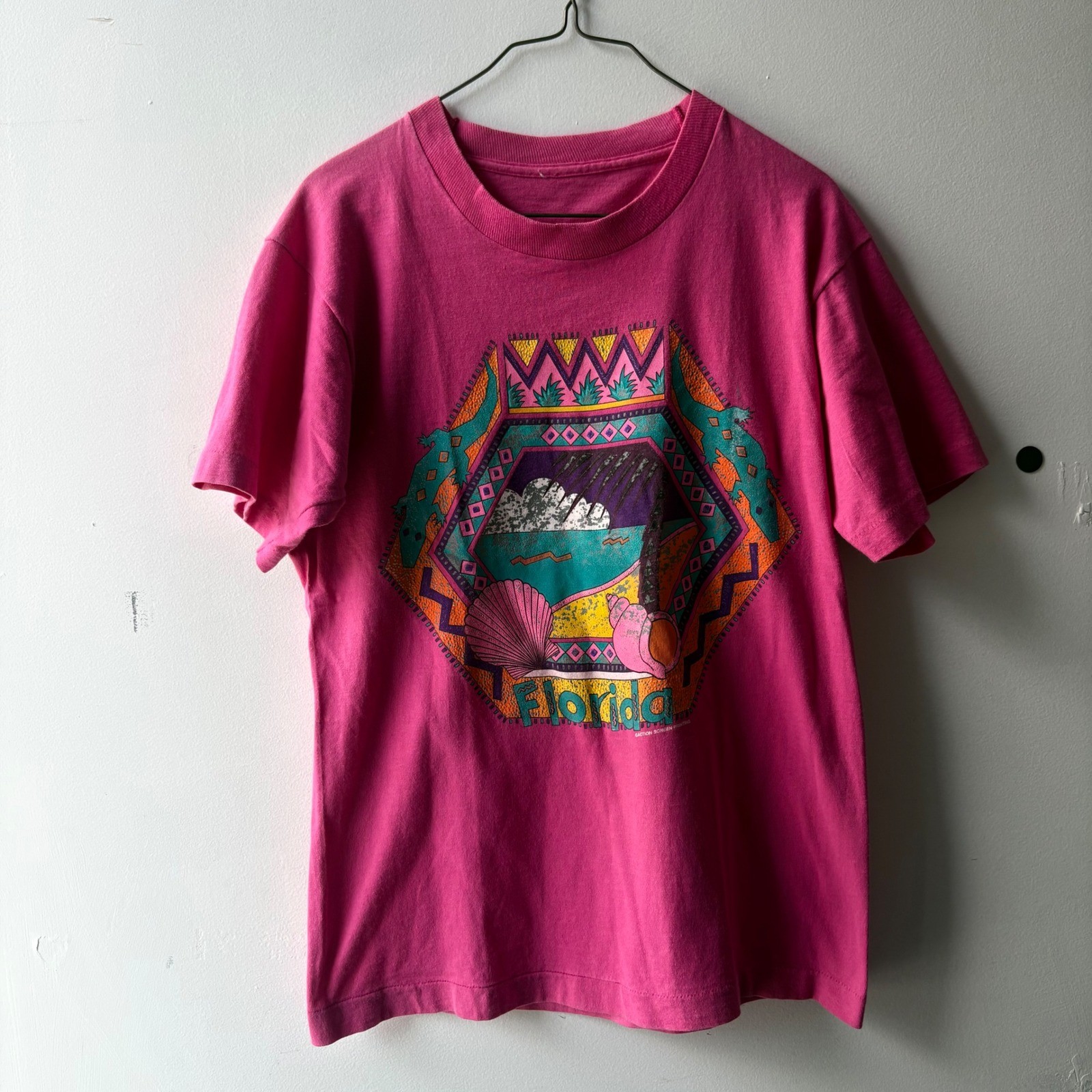 Vintage 90s Florida Souvenir T Shirt Pink Neon Graphic Single Stitch Retro Tee