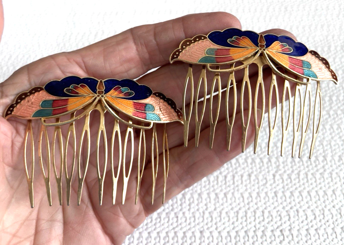 Set of two Vintage Cloisonné Hair Comb Enamel Floral Butterfly Design