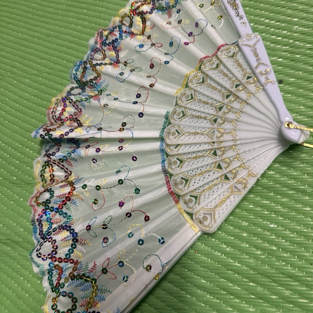White Folding Hand Fan Multicolor Sequin Embroidery Gold Trim Floral Design
