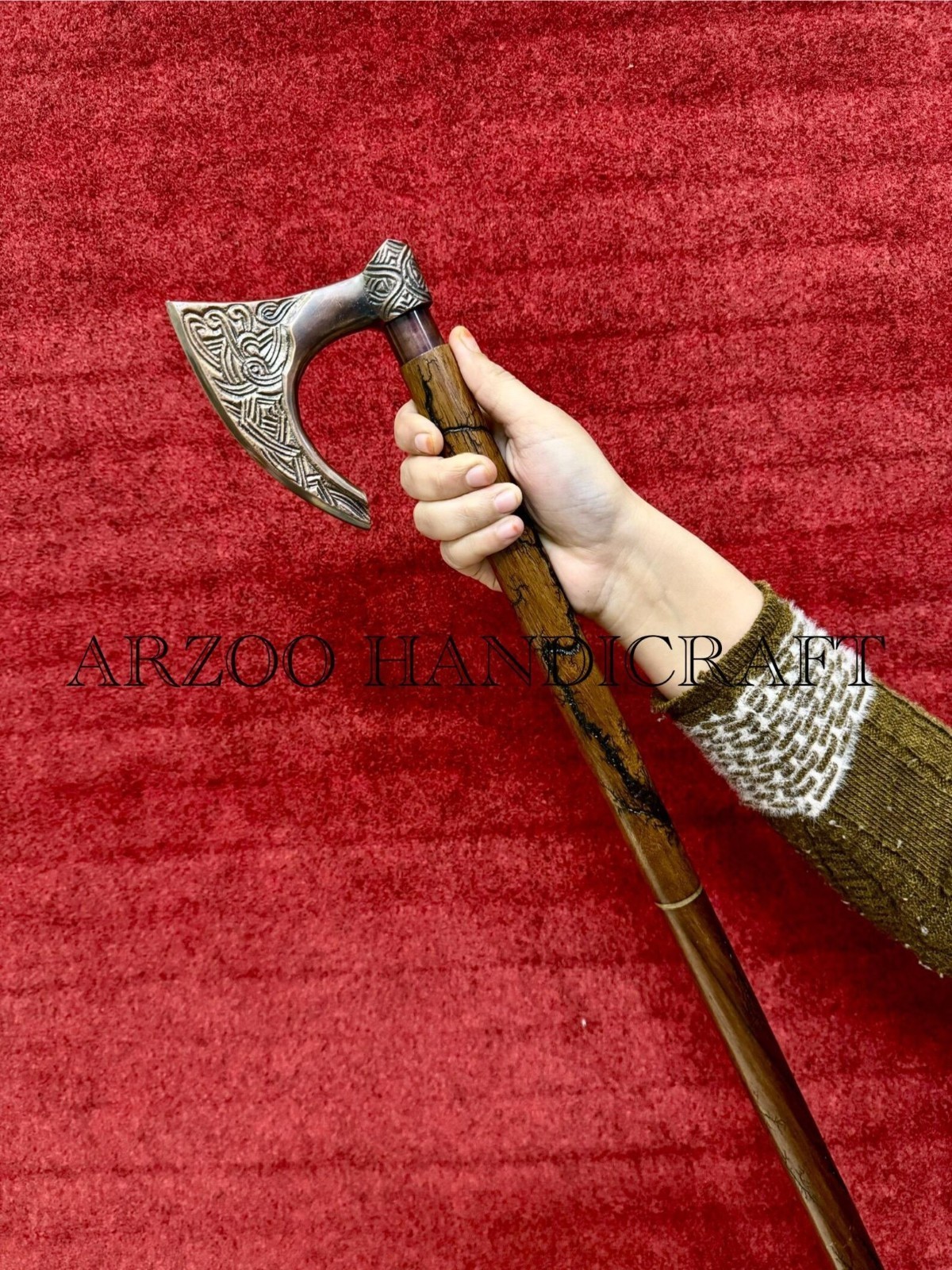 Viking Axe Head Handle 3 Fold Wooden Walking Stick Carved Cane Decor Gift Item