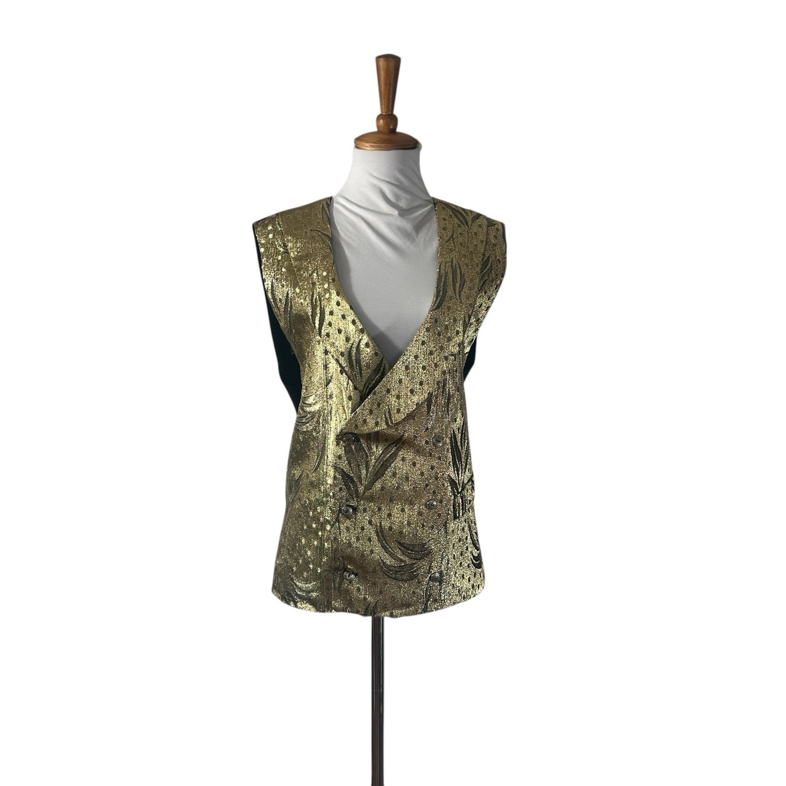 Vintage 80s Gold Metallic Lamé Brocade Custom Made Cocktail Vest L XL