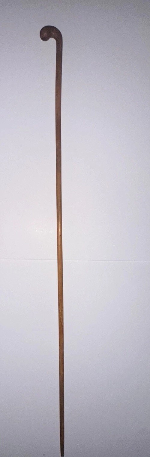 19th Century Beechnut wood Crook Walking Cane Carved Rings 40”